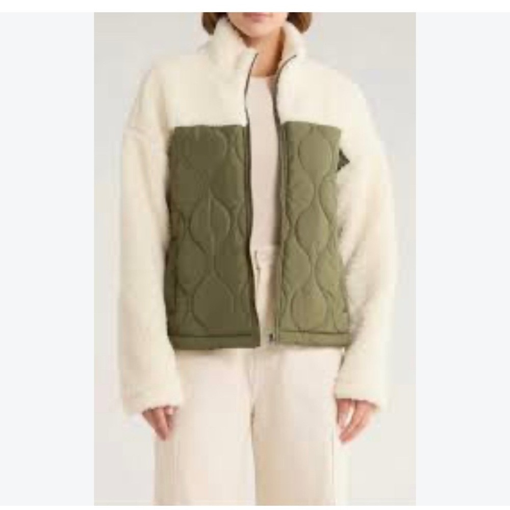 Thread & Supply Mixed Media Quilted Shearling Jacket Olive Milk J2127SSHNR Small